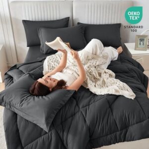 Sasttie Queen Comforter Set, 7 Pieces Bed in a Bag Queen, Complete Bedding Set Includes Grey Comforter, Flat Sheet, Fitted Sheet, Pillowcases and Pillow Shams, Dark Grey - Image 6