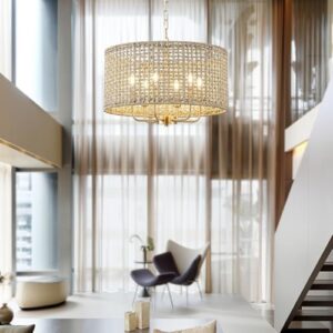 20" Rattan Hand-Woven Boho Chandelier for Dining Room, 6-Light Rattan Drum Wicker Farmhouse Chandelier Large Vintage Chandelier Pendant Light Fixture for Kitchen Island Entryway(Gold) - Image 5