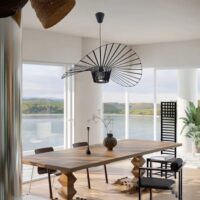 Modern Black Woven Chandelier, 31.5" Farmhouse Coastal Hat Pendant Light Fixtures Matte Black Handwoven Shade Boho Pendant Hanging Lamp for Kitchen Dining Room Bedroom Foyer Hallway