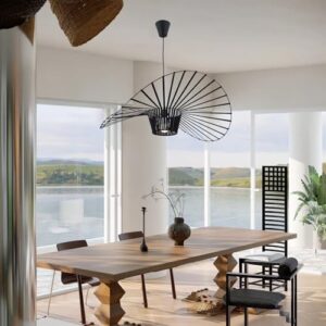 Modern Black Woven Chandelier, 31.5" Farmhouse Coastal Hat Pendant Light Fixtures Matte Black Handwoven Shade Boho Pendant Hanging Lamp for Kitchen Dining Room Bedroom Foyer Hallway