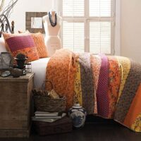 Lush Decor Royal Empire Reversible Cotton Quilt Set - 3 Piece Striped Bedding Set - Bold & Colorful Bohemian Patterns - Soft Cotton Feel - Full/ Queen, Tangerine