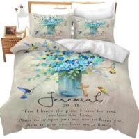 Christian Scripture Bedding Set Twin Full Queen King Size Religious Jeremiah Flower Duvet Comforter Cover Hummingbird Cozy Quilt Cover Decorative Soft Bed Sets with 2 Pillowcases for Kids Adults