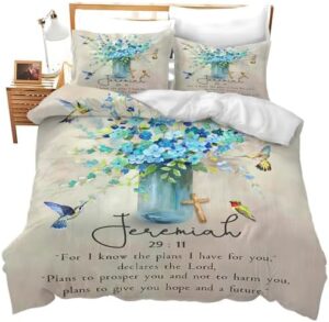 Christian Scripture Bedding Set Twin Full Queen King Size Religious Jeremiah Flower Duvet Comforter Cover Hummingbird Cozy Quilt Cover Decorative Soft Bed Sets with 2 Pillowcases for Kids Adults
