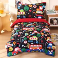 Wowelife Cars Toddler Bedding Set for Boys 4 Piece Toddler Bed Comforter Set Black Toddler Bed Kids Comforter Sets with Comforter, Flat Sheet, Fitted Sheet and Pillowcase