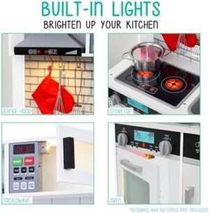 Lil' Jumbl Kids White Small Kitchen Set, Pretend Wooden Play Kitchen, Includes Range Hood, Microwave, Stove Top, Oven That Make Realistic Sound & Light, Pots, Pan, Cutting Board & Utensils Included, - Image 3