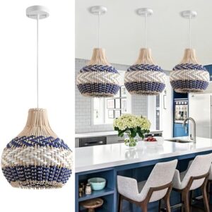3-Pack Rattan Pendant Light Fixture 10.24" Blue White Hand-Woven Basket Fax Rattan Chandelier Boho Mini Wicker Hanging Lamp for Dining Living Bedroom Kitchen Farmhouse