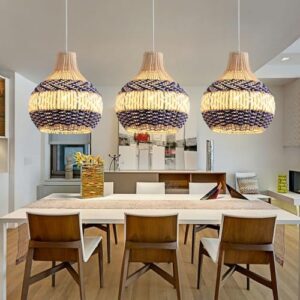 3-Pack Rattan Pendant Light Fixture 10.24" Blue White Hand-Woven Basket Fax Rattan Chandelier Boho Mini Wicker Hanging Lamp for Dining Living Bedroom Kitchen Farmhouse - Image 8