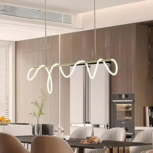Modern Dimmable Desk Linear Pendant Light, Gold with Remote Ring Chandelier, 39 in Height Adjustment Dining Room Ceiling Lamp Fixture, Restaurant Kitchen Long Hose Lamp - Image 3