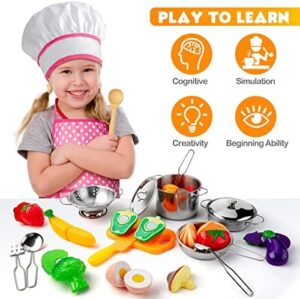 26PCS Play Kitchen Accessories, Kitchen Pretend Play Cooking Toys w/ Stainless Steel Cookware, Apron & Chef Hat,Pots and Pans Set, Cutting Foods, Great Learning Gifts for Toddler & Boys Girls - Image 2