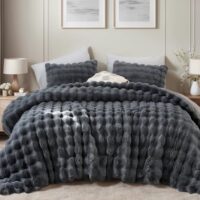 YIKUSH Fluffy Comforter Set Queen - Super Soft Dark Grey Faux Fur Comforter Bed Set, Warm Fuzzy Bedding Set for Winter (1 Comforter, 2 Pillowcases)
