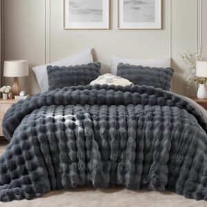 YIKUSH Fluffy Comforter Set Queen - Super Soft Dark Grey Faux Fur Comforter Bed Set, Warm Fuzzy Bedding Set for Winter (1 Comforter, 2 Pillowcases)