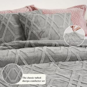 PHF Warm Sherpa Fleece Queen Comforter Set, 3D Tufted Fluffy Grey Bedding for Winter, Soft 3 Pieces Shaggy Bed Set, 1 Comforter (90"x90") and 2 Pillowcases (20"x26") - Image 5
