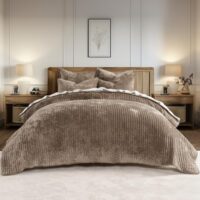 EVERGRACE Velvet Quilt Set King Size, Luxurious Soft Striped Channel Bedding Set, Lightweight Velvet Comforter for All Season, Oversized Bedspread Coverlet with 2 Matching Shams, Mocha Brown