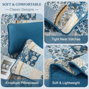WONGS BEDDING Quilt Set King Size Blue, 3 Pieces Patchwork Plaid Bedspread Coverlet Set, Floral Soft Lightweight Microfiber Bedding Set for All Season(104"×90“) - Image 4
