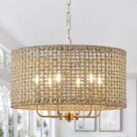 20" Rattan Hand-Woven Boho Chandelier for Dining Room, 6-Light Rattan Drum Wicker Farmhouse Chandelier Large Vintage Chandelier Pendant Light Fixture for Kitchen Island Entryway(Gold)