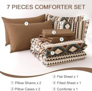 Dinjoy Brown Boho Comforter Set Queen Size,7 Pieces Bed in a Bag Queen Coffee Aztec Bedding Sets with Sheets Bohemian Geometric Striped Complete Set for Spring Summer 90"x90" - Image 6
