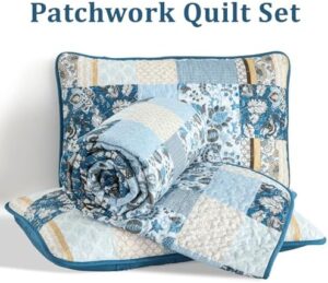 WONGS BEDDING Quilt Set King Size Blue, 3 Pieces Patchwork Plaid Bedspread Coverlet Set, Floral Soft Lightweight Microfiber Bedding Set for All Season(104"×90“) - Image 7