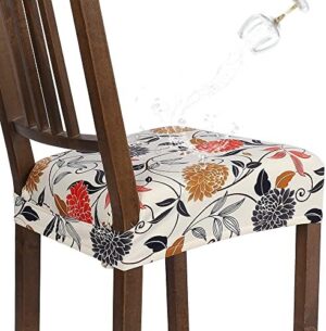 SearchI Water Repellent Dining Chair Seat Covers Set of 4, Washable Stretch Seat Covers for Dining Chairs, Rear-Covered Dining Room Seat Cover Protector(Orange Flower)