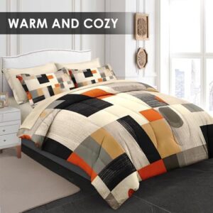 Comforter Set Queen Size, Geometric Painting Contemporary 7 Pcs Bedding for Kids and Adults, Orange Gray Bed Sheet Sets with Fitted Sheet 2 Pillowcase & 2 Sham for Bedroom Bed Decor - Image 2