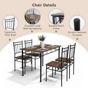 5-Piece Kitchen Dining Set, Compact Mid-Century Modern Dining Table and Chairs Sets, Kitchen Dinette Table Sets with Wooden Table Tops and Metal Legs for Home,Apartment, Brown - Image 3