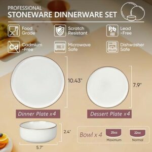 Herogo Plates and Bowls Set for 4, 12 Pieces Stoneware Dinnerware Sets, Double Reactive Glaze, Microwave & Dishwasher Safe, Scratch Resistant, Ivory White - Image 2