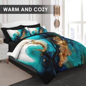 Comforter Set King Size, Mint Green Marble Gold 7 Pcs Bedding for Kids and Adults, Teal Turquoise Blue Bed Sheet Sets with Fitted Sheet 2 Pillowcase & 2 Sham for Bedroom Bed Decor - Image 2