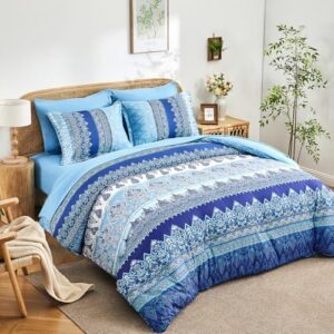 Boho Queen Comforter Set Blue - 7 Pieces Bed in a Bag Floral Striped Comforter and Sheet Set, Soft Microfiber Bohemian Bedding Sets Queen Size for All Season (Blue,Queen) - Image 8