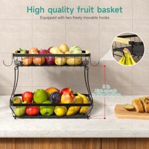 2 Tier Fruit Basket for Kitchen with 2 Banana Hangers, Detachable Metal Fruit Bowl for Kitchen Counter for Fruit and Vegetable Storage, Large Capacity Tiered Fruit Tray - Image 2