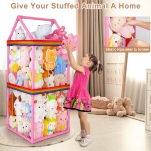 Basumee Stuffed Animals Storage Zoo Kids Plushies Storage Stuffed Animals Holder with Two Rainbow Straps PVC Tube Stuffy Toy Storage Organizer for Girls Boys Nursery Playroom Room Bedrooms, Pink - Image 4