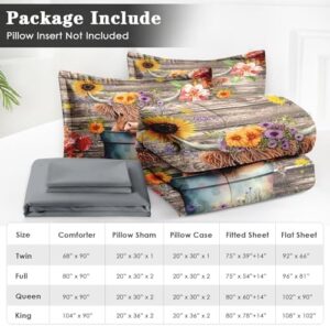 7 Pcs Full Size Comforter Set with 2 Pillowcases & 2 Shams, Highland Cow Flower Bedding for Kids and Adults, Happy Cute Cartoon Bed in a Bag with Flat Fitted Sheet - Image 6