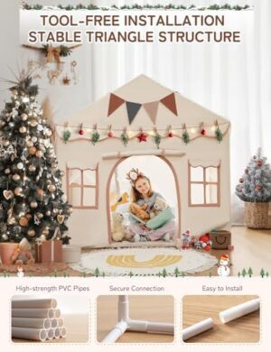 besrey Kids Tent, Kids Playhouse 2 in 1 with Padded Mat and Lights, Large Play Tent with 2 Doors & 4 Windows, Kids Play Tent Indoor & Outdoor, Christmas Toddler Tent for Kids, 51" x35" x 51" - Image 4