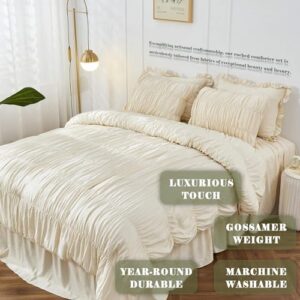 Queen Comforter Set - Ruched Comforter Queen Size Bed Set Boho Shabby Chic Bedding for Bedroom Comforter Fluffy 3 Piece Ruffle Comforter Set with Pillow White Bedding Soft - Image 2