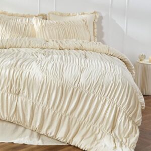 Queen Comforter Set - Ruched Comforter Queen Size Bed Set Boho Shabby Chic Bedding for Bedroom Comforter Fluffy 3 Piece Ruffle Comforter Set with Pillow White Bedding Soft - Image 6