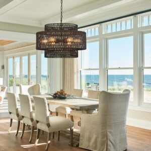 Hand-Woven Rattan Chandelier Vintage 6-Light Farmhouse Boho Bamboo Chandelier Light Fixture 23.6" Retro 3-Tier Drum Wicker Rattan Black Chandelier for Dining Room, Kitchen Island, Living Room - Image 8