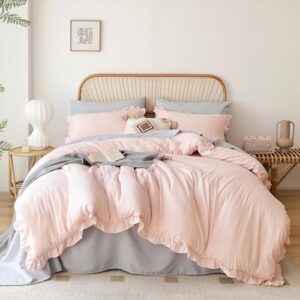 JANZAA Pink Comforter Set Queen 3PCS(1 Ruffled Blush Comforter Set and 2 Pillowcases) Vintage Shabby Chic Bedding Soft Fluffy Comforter Set All Season