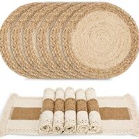 Handmade Boho Placemats Set of 6 - Natural Cotton Burlap and Water Straw Woven Combination Table Mats, Macrame Décor and Farmhouse Style Placemats, for Dining Table Kitchen