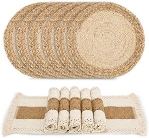 Handmade Boho Placemats Set of 6 - Natural Cotton Burlap and Water Straw Woven Combination Table Mats, Macrame Décor and Farmhouse Style Placemats, for Dining Table Kitchen