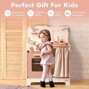 ROBOTIME Kids Play Kitchen Set - Rustic Wooden Kitchen Sets, Pretend Play Kitchen with Leaf Light String, Apron, and Groves, for Toddlers 3+ (Rustic Style) - Image 3