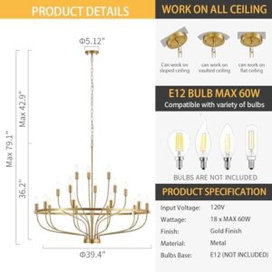 39.4" Modern Gold Chandelier Vintage 18-Lights Mid Century Modern Candle Style Chandelier Light Fixture Large Rustic Golden Chandelier for Dining Room, Kitchen Island, Living Room, E12 - Image 3