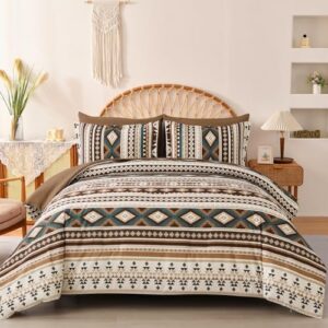 Dinjoy Brown Boho Comforter Set Queen Size,7 Pieces Bed in a Bag Queen Coffee Aztec Bedding Sets with Sheets Bohemian Geometric Striped Complete Set for Spring Summer 90"x90"