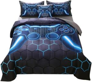 JQinHome Full Gamer Comforter Set,6 Piece Bed in A Bag 3D Video Game Bedding -All Season Down Alternative Gamer Bedding Sets - (Blue Game Controller)