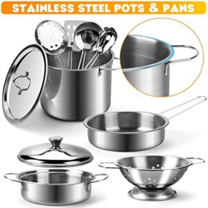 26PCS Play Kitchen Accessories, Kitchen Pretend Play Cooking Toys w/ Stainless Steel Cookware, Apron & Chef Hat,Pots and Pans Set, Cutting Foods, Great Learning Gifts for Toddler & Boys Girls - Image 5
