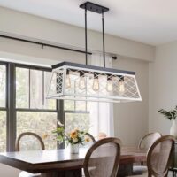 33" Farmhouse Rectangular Chandelier, Adjustable Height 5-Lights Kitchen Island Lighting, Openwork Engraved Grid Light Fixture Pendant for Dining Room Pool Table,Oak+Matte Black Finish
