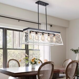 33" Farmhouse Rectangular Chandelier, Adjustable Height 5-Lights Kitchen Island Lighting, Openwork Engraved Grid Light Fixture Pendant for Dining Room Pool Table,Oak+Matte Black Finish