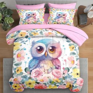 Comforter Set Queen Size, Cute Kawaii Owl 7 Pcs Bedding for Kids and Adults, Yellow Pink Floral Bed Sheet Sets with Fitted Sheet 2 Pillowcase & 2 Sham for Bedroom Bed Decor