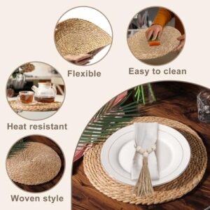 Woven Placemats Set of 10, 13.8" Natural Water Hyacinth Round Rattan Placemats with Wooden Beads Napkin Rings for Kitchen Dining Table Decor - Image 4