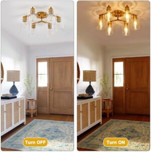 Kitchen Lighting Fixtures Ceiling Living Room Ceiling Light Fixture Gold Kitchen Ceiling Light Fixtures 6-Light Semi Flush Mount Chandelier Large Dining Room Ceiling Light with Clear Glass Shade - Image 5