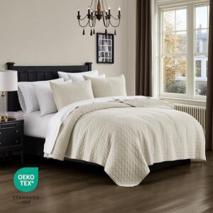 palassio Beige 100% Cotton Quilt King Size Bedding Sets with 2 Pillow Shams, Textured Lightweight Soft Bedspread Shabby Chic Coverlet, Neutral Quilted Comforter Bed Cover for All Season, 3 Pieces - Image 2