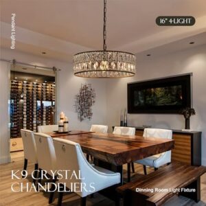 16” 4-Light Modern Crystal Chandeliers Black Dinning Room Light Fixture, Round Pendant Light Kitchen Island Chandelier, Flush Mount Ceiling Light for Living Room Entryway Bedroom Foyer - Image 3