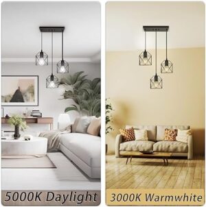 3-Light Hanging Pendant Light Fixtures, Farmhouse Kitchen Island Light Fixture, Industrial Hanging Pendant Lighting for Dining Room Bedroom Hallway, Black Metal Cage Pendant Lamp, E26 Base - Image 7